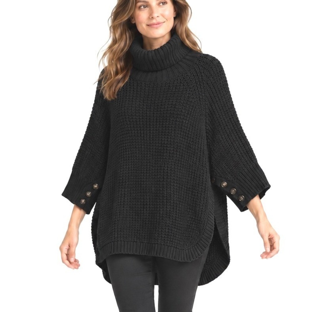 J.Crew Women Turtleneck Poncho Sweater L/XL Black Waffle Knit Button Cotton